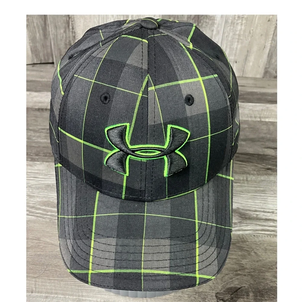 Under Armour Plaid Baseball Cap Hat Grey Black Neon Green Grid Embroidered Logo